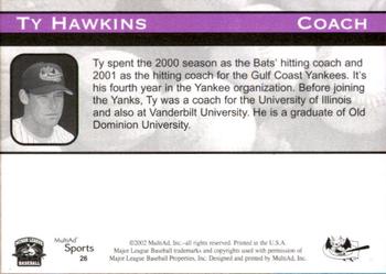 2002 MultiAd Greensboro Bats #26 Ty Hawkins Back