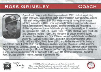 2002 MultiAd Hagerstown Suns #23 Ross Grimsley Back