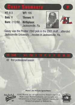 2002 MultiAd Hickory Crawdads #27 Casey Shumaker Back