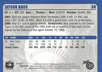 2002 MultiAd Iowa Cubs #3 Jayson Bass Back