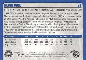 2002 MultiAd Iowa Cubs #20 Kevin Orie Back