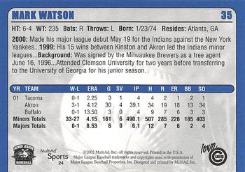 2002 MultiAd Iowa Cubs #24 Mark Watson Back