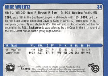 2002 MultiAd Iowa Cubs #25 Mike Wuertz Back