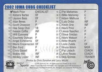 2002 MultiAd Iowa Cubs #1 Mark Prior Back