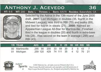 2002 MultiAd Lexington Legends #2 Anthony Acevedo Back