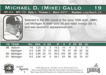 2002 MultiAd Lexington Legends #9 Mike Gallo Back
