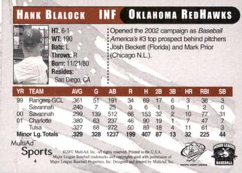 2002 MultiAd Pacific Coast League All-Stars #4 Hank Blalock Back