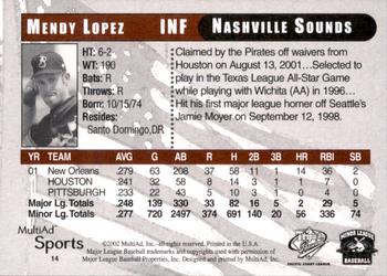 2002 MultiAd Pacific Coast League All-Stars #14 Mendy Lopez Back