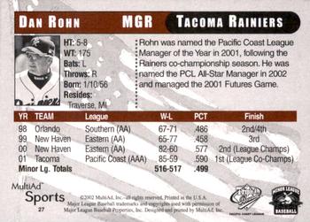 2002 MultiAd Pacific Coast League All-Stars #27 Dan Rohn Back