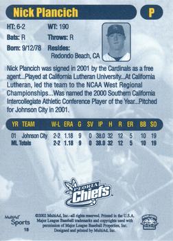 2002 MultiAd Peoria Chiefs #18 Nick Plancich Back