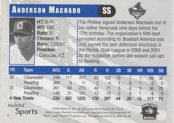 2002 MultiAd Reading Phillies #1 Anderson Machado Back