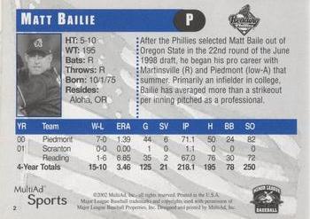 2002 MultiAd Reading Phillies #2 Matt Bailie Back