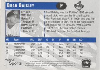 2002 MultiAd Reading Phillies #3 Brad Baisley Back