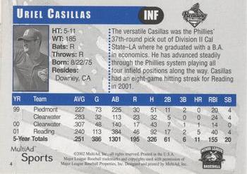 2002 MultiAd Reading Phillies #4 Uriel Casillas Back