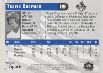 2002 MultiAd Reading Phillies #5 Travis Chapman Back