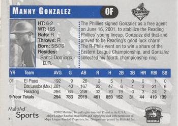 2002 MultiAd Reading Phillies #7 Manny Gonzalez Back