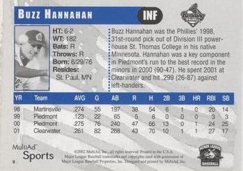 2002 MultiAd Reading Phillies #9 Buzz Hannahan Back
