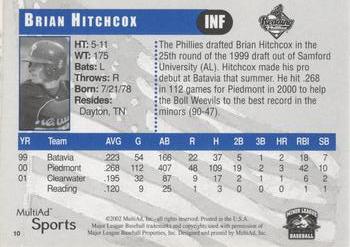 2002 MultiAd Reading Phillies #10 Brian Hitchcox Back
