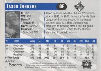 2002 MultiAd Reading Phillies #12 Jason Johnson Back