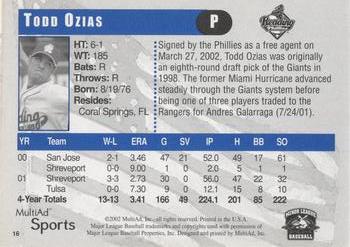 2002 MultiAd Reading Phillies #16 Todd Ozias Back