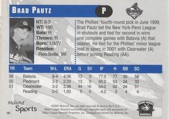 2002 MultiAd Reading Phillies #18 Brad Pautz Back