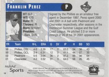 2002 MultiAd Reading Phillies #19 Franklin Perez Back