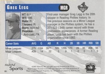 2002 MultiAd Reading Phillies #25 Greg Legg Back