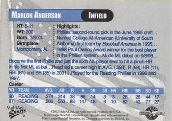 2002 MultiAd Reading Phillies Legends #2 Marlon Anderson Back