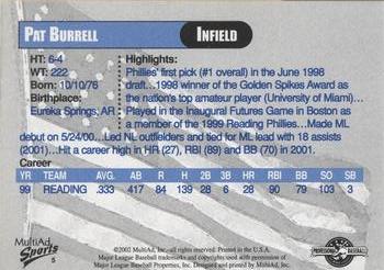 2002 MultiAd Reading Phillies Legends #5 Pat Burrell Back