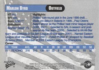 2002 MultiAd Reading Phillies Legends #6 Marlon Byrd Back