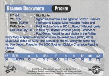 2002 MultiAd Reading Phillies Legends #8 Brandon Duckworth Back