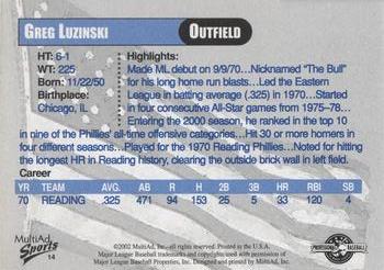 2002 MultiAd Reading Phillies Legends #12 Greg Luzinski Back