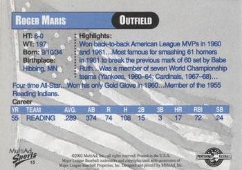 2002 MultiAd Reading Phillies Legends #13 Roger Maris Back