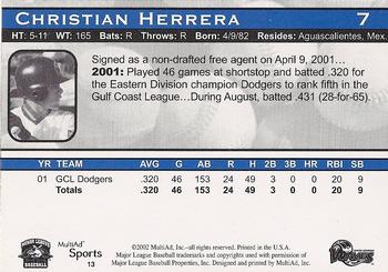 2002 MultiAd South Georgia Waves #13 Christian Herrera Back