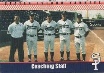 2002 MultiAd Staten Island Yankees #3 Coaching Staff (E.J. Amo / Kevin Higgins / D.J. Svihlik / Neil Allen / Vinnie Colangelo) Front