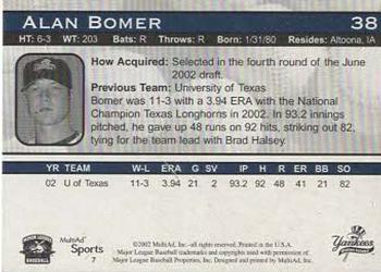 2002 MultiAd Staten Island Yankees #7 Alan Bomer Back