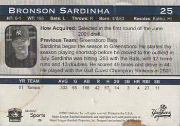 2002 MultiAd Staten Island Yankees #26 Bronson Sardinha Back