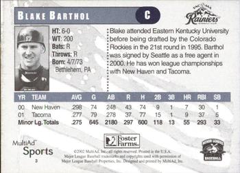 2002 MultiAd Tacoma Rainiers #3 Blake Barthol Back