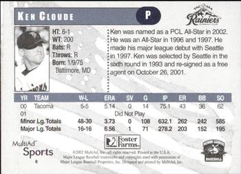2002 MultiAd Tacoma Rainiers #8 Ken Cloude Back