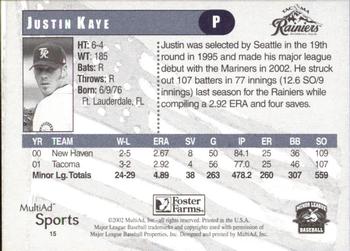 2002 MultiAd Tacoma Rainiers #15 Justin Kaye Back