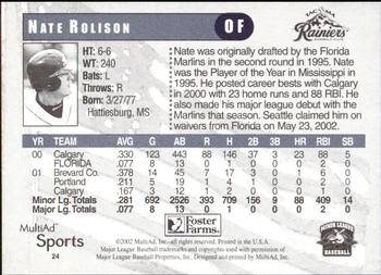 2002 MultiAd Tacoma Rainiers #24 Nate Rolison Back