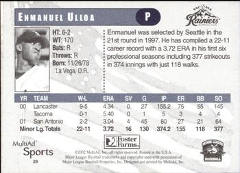 2002 MultiAd Tacoma Rainiers #29 Enmanuel Ulloa Back