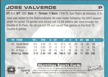 2002 MultiAd Tucson Sidewinders #23 Jose Valverde Back