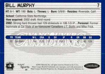 2002 MultiAd Vancouver Canadians #20 Bill Murphy Back