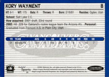 2002 MultiAd Vancouver Canadians #31 Kory Wayment Back