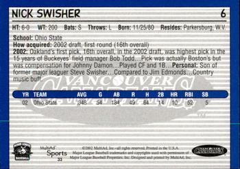 2002 MultiAd Vancouver Canadians #33 Nick Swisher Back