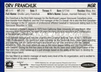 2002 MultiAd Vancouver Canadians #39 Orv Franchuk Back