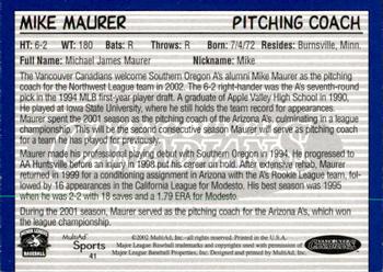 2002 MultiAd Vancouver Canadians #41 Mike Maurer Back