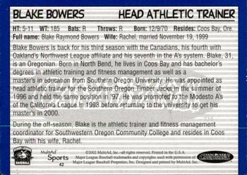 2002 MultiAd Vancouver Canadians #42 Blake Bowers Back