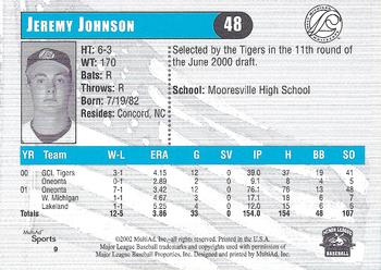 2002 MultiAd West Michigan Whitecaps #9 Jeremy Johnson Back